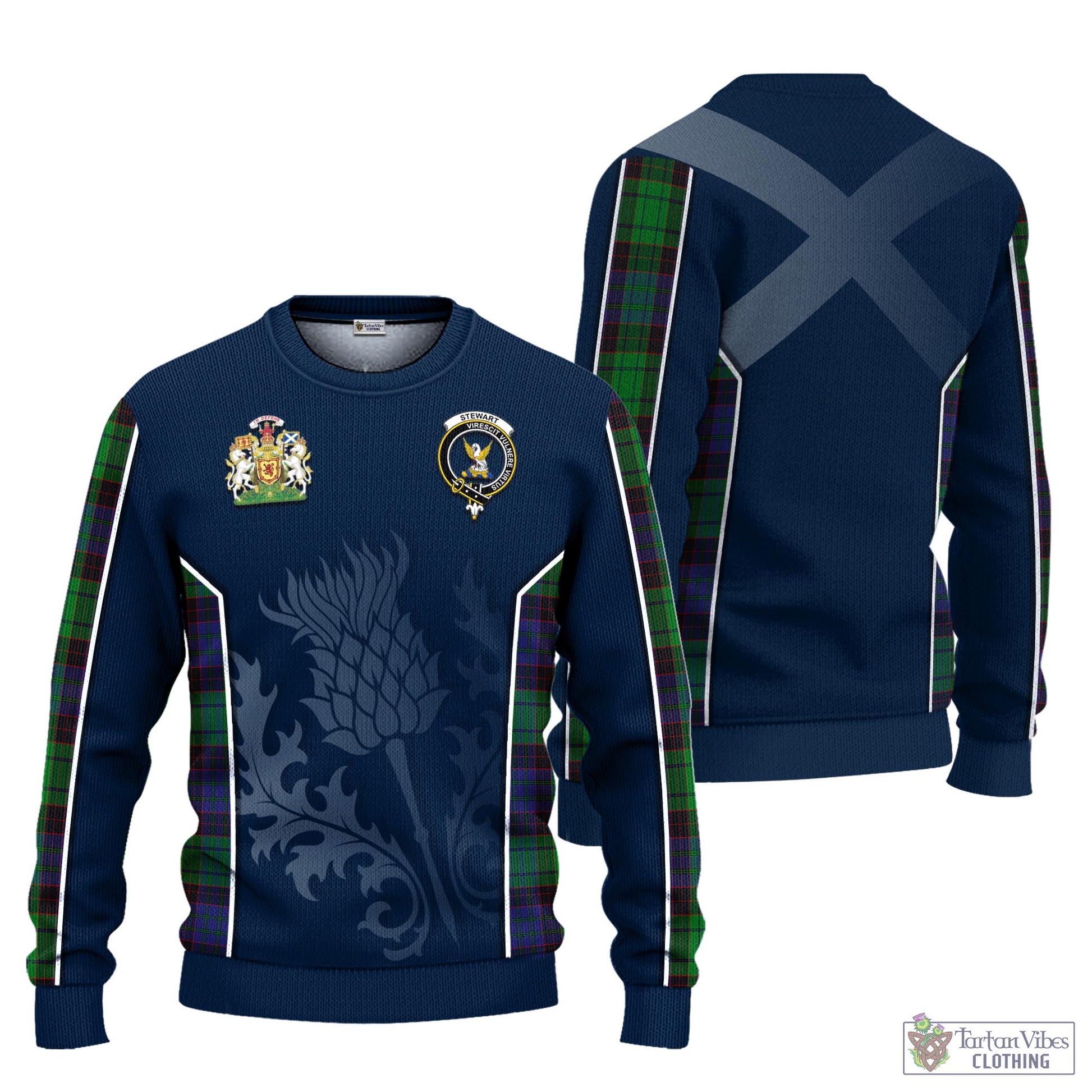 Tartan Vibes Clothing Stewart Old Modern Tartan Knitted Sweatshirt with Family Crest and Scottish Thistle Vibes Sport Style