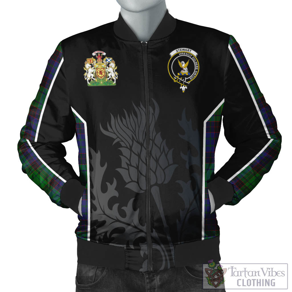 Tartan Vibes Clothing Stewart Old Modern Tartan Bomber Jacket with Family Crest and Scottish Thistle Vibes Sport Style