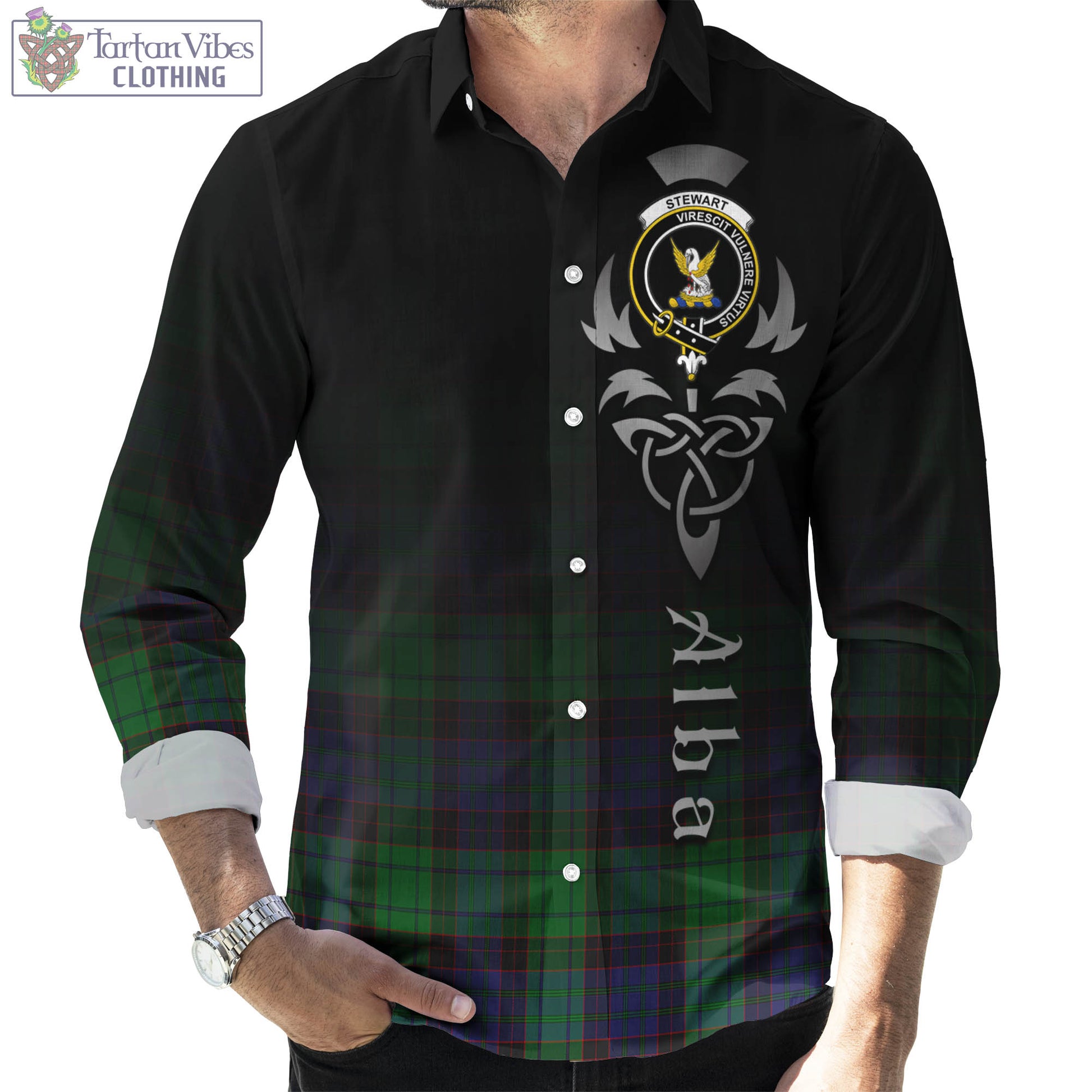 Tartan Vibes Clothing Stewart Old Modern Tartan Long Sleeve Button Up Featuring Alba Gu Brath Family Crest Celtic Inspired