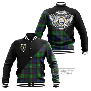 Stewart Old Modern Tartan Baseball Jacket with Family Crest and Military Logo Style