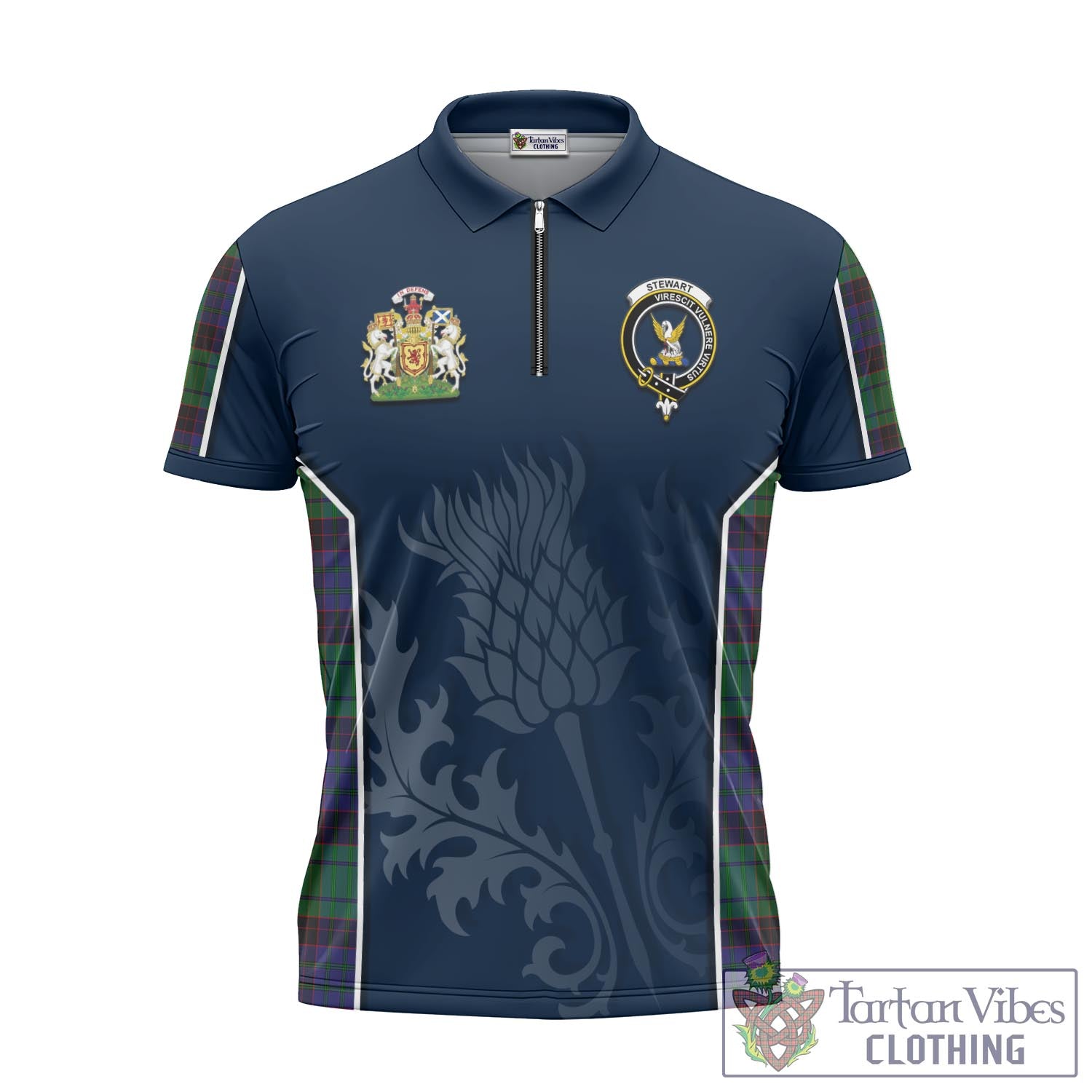 Tartan Vibes Clothing Stewart Old Modern Tartan Zipper Polo Shirt with Family Crest and Scottish Thistle Vibes Sport Style