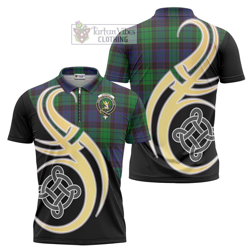 Tartan Vibes Clothing Stewart Old Modern Tartan Zipper Polo Shirt with Family Crest and Celtic Symbol Style