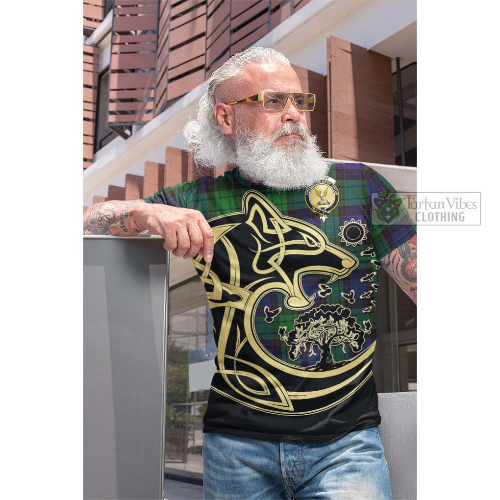 Tartan Vibes Clothing Stewart Old Modern Tartan Cotton T-shirt with Family Crest Celtic Wolf Style