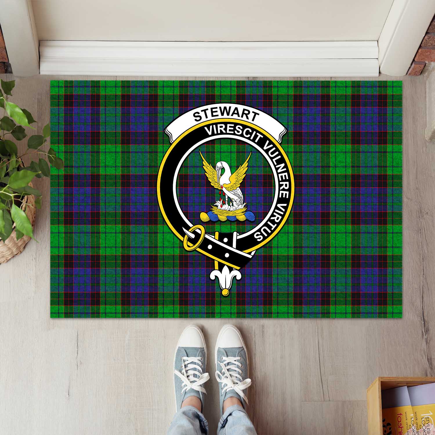 Stewart Old Modern Tartan Door Mat with Family Crest - Tartanvibesclothing Shop