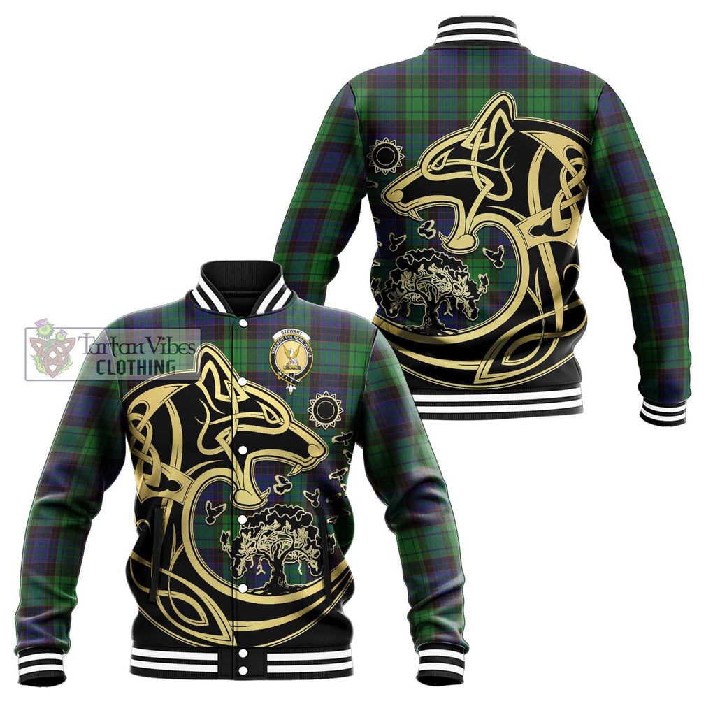 Stewart Old Modern Tartan Baseball Jacket with Family Crest Celtic Wolf Style Unisex - Tartan Vibes Clothing