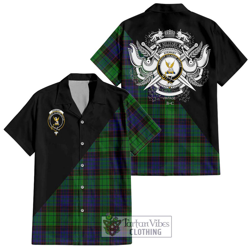 Stewart Old Modern Tartan Short Sleeve Button Shirt with Family Crest and Military Logo Style Kid - Tartanvibesclothing Shop