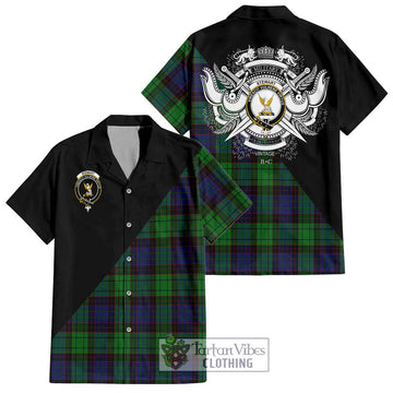 Stewart Old Modern Tartan Short Sleeve Button Shirt with Family Crest and Military Logo Style