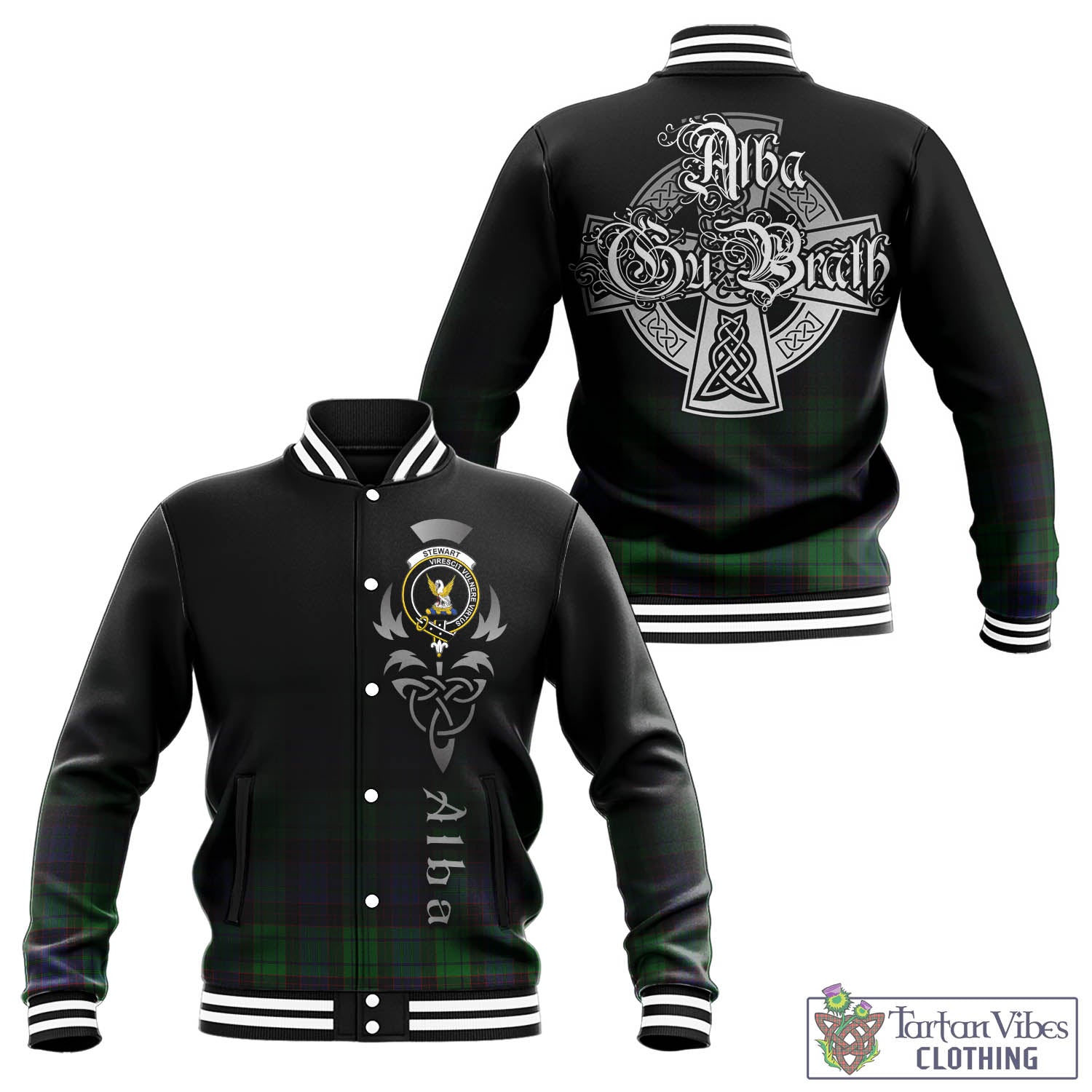 Tartan Vibes Clothing Stewart Old Modern Tartan Baseball Jacket Featuring Alba Gu Brath Family Crest Celtic Inspired