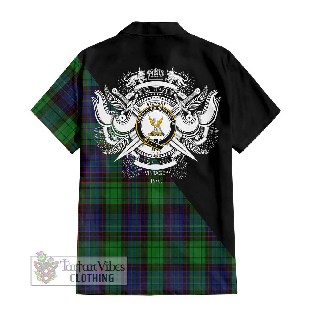 Stewart Old Modern Tartan Short Sleeve Button Shirt with Family Crest and Military Logo Style - Tartanvibesclothing Shop