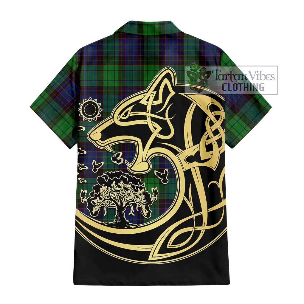 Stewart Old Modern Tartan Short Sleeve Button Shirt with Family Crest Celtic Wolf Style - Tartan Vibes Clothing