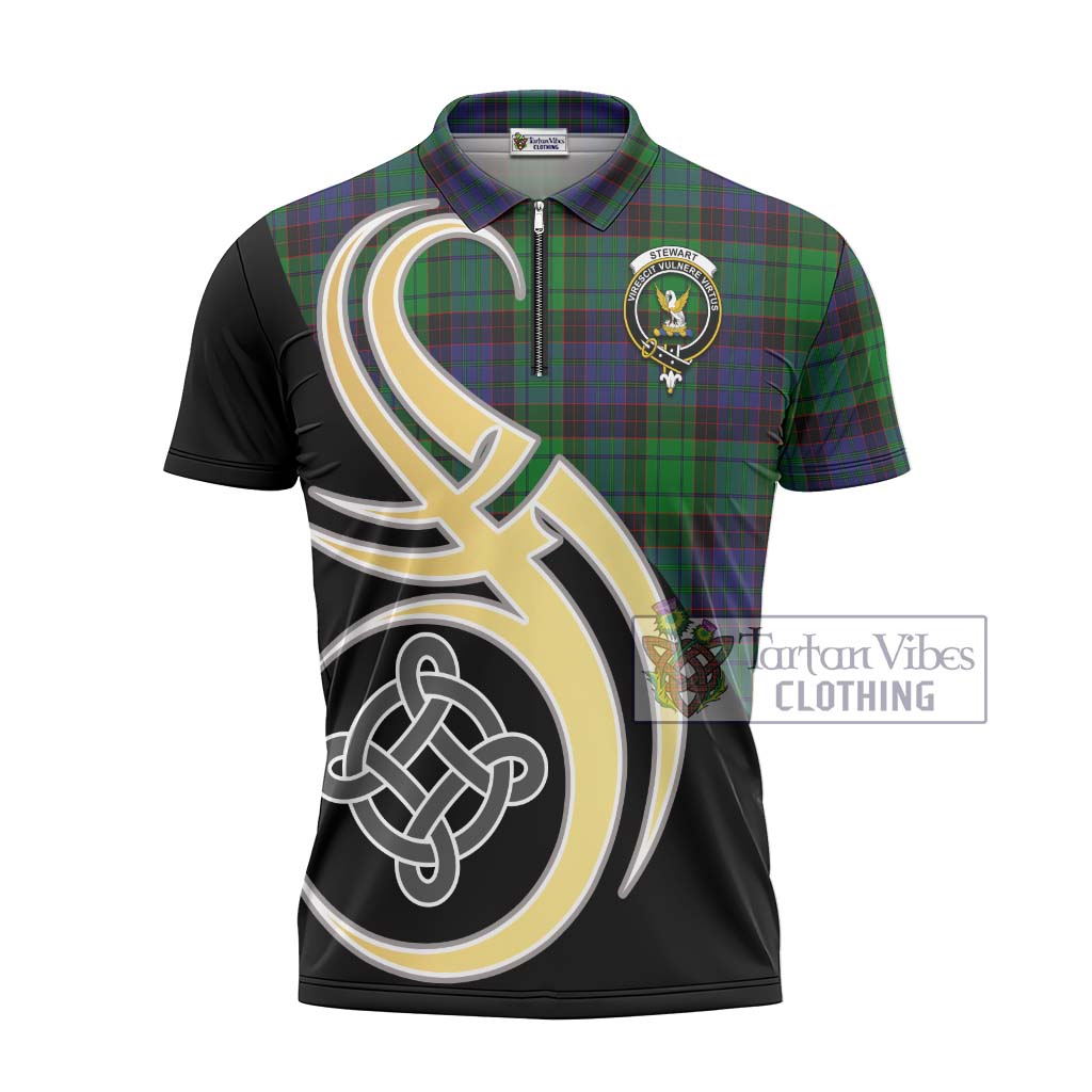 Tartan Vibes Clothing Stewart Old Modern Tartan Zipper Polo Shirt with Family Crest and Celtic Symbol Style