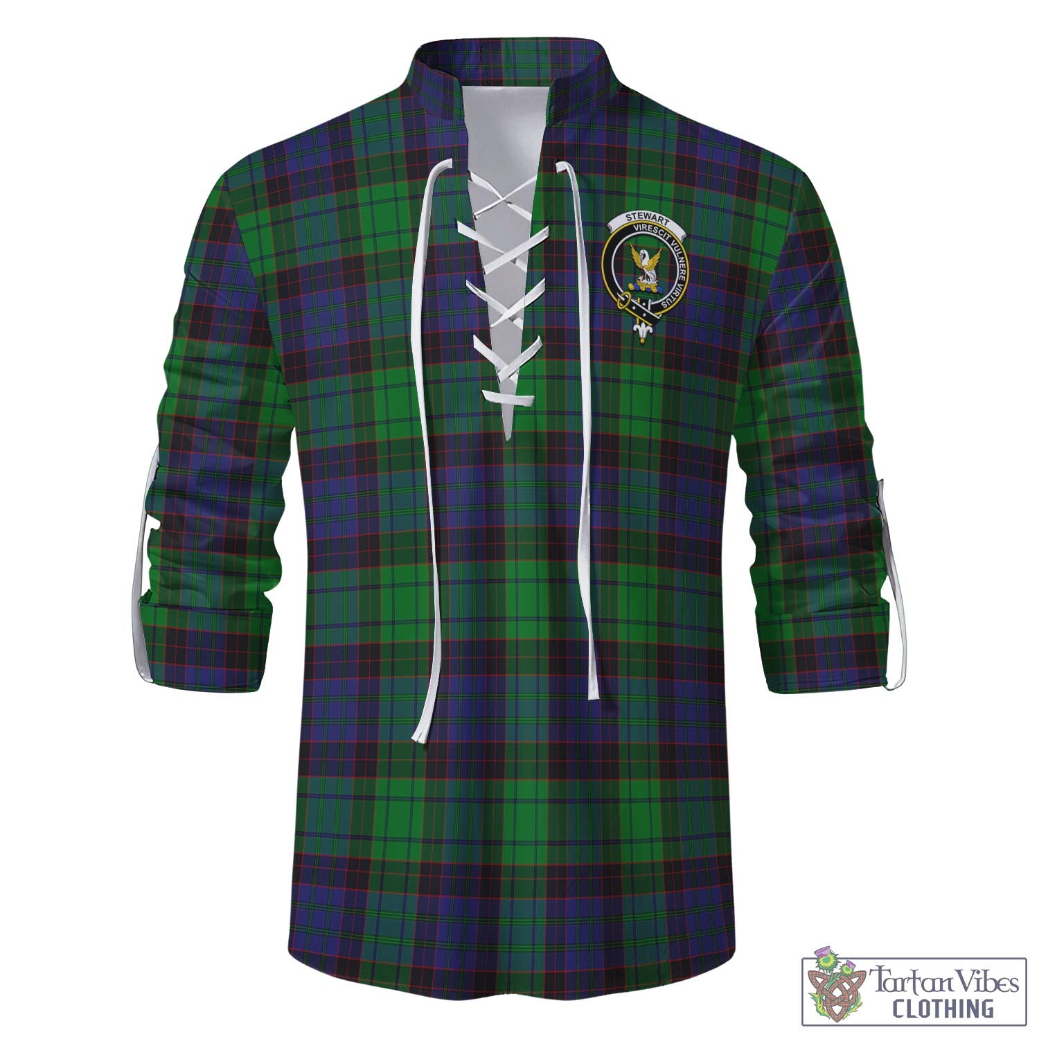 Tartan Vibes Clothing Stewart Old Modern Tartan Men's Scottish Traditional Jacobite Ghillie Kilt Shirt with Family Crest