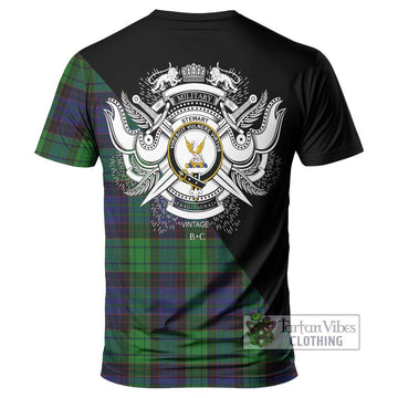 Stewart Old Modern Tartan T-Shirt with Family Crest and Military Logo Style