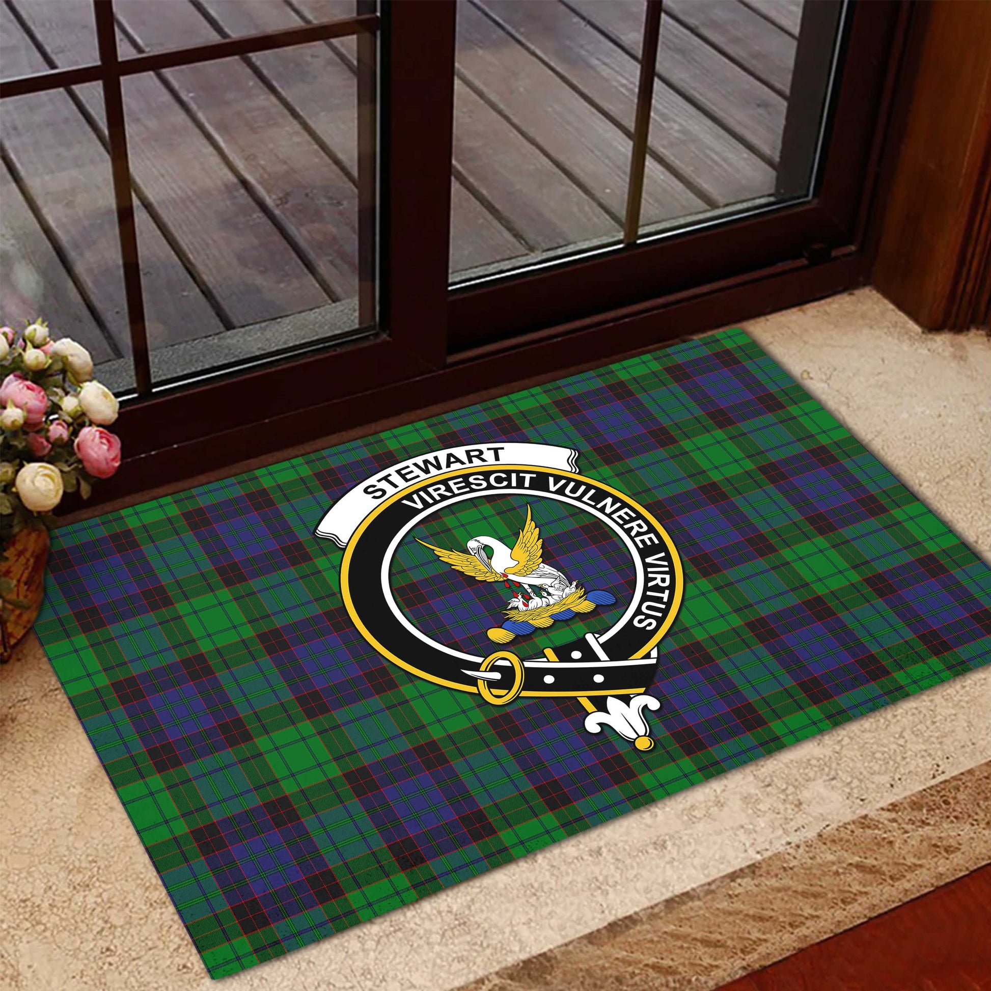 Stewart Old Modern Tartan Door Mat with Family Crest - Tartanvibesclothing Shop