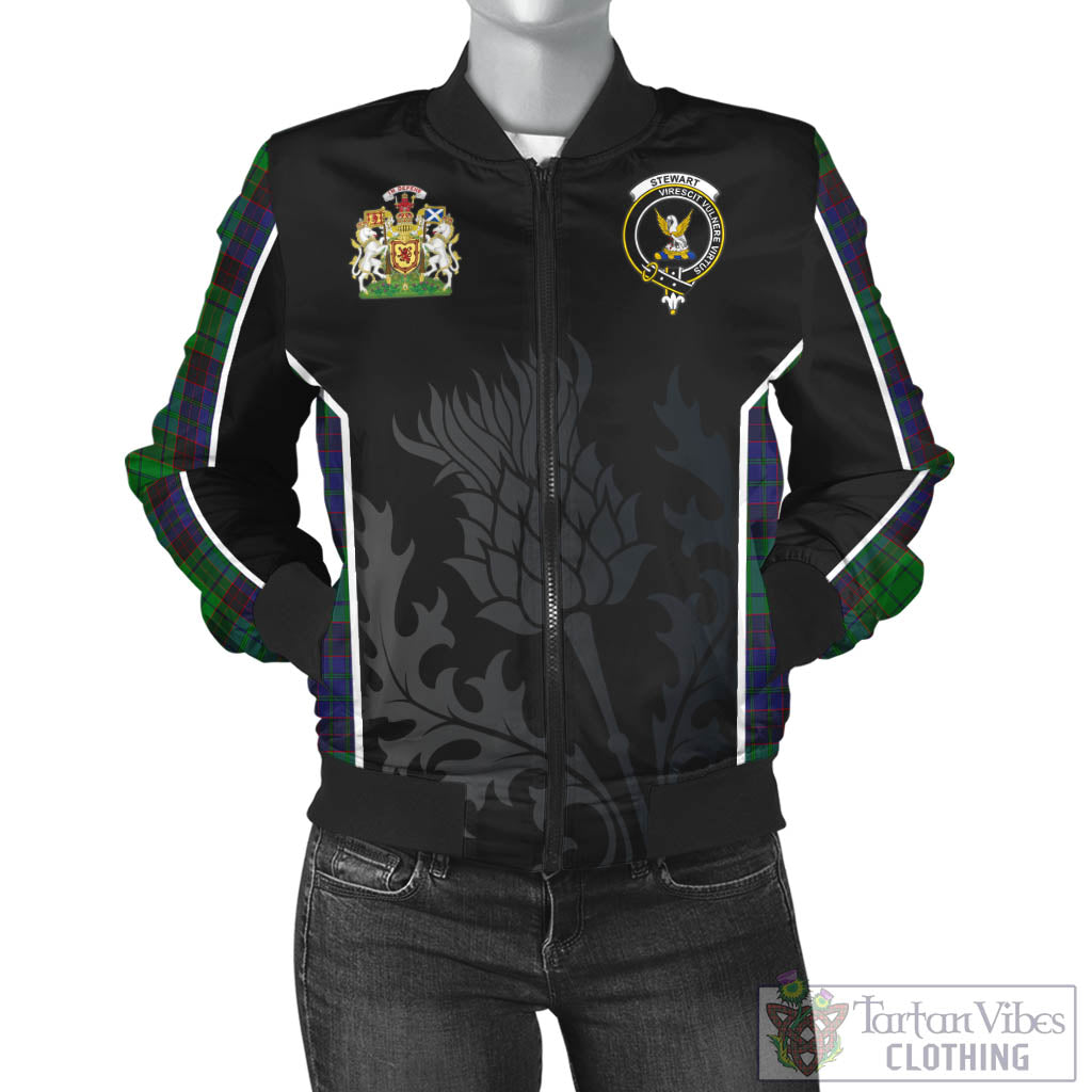 Tartan Vibes Clothing Stewart Old Modern Tartan Bomber Jacket with Family Crest and Scottish Thistle Vibes Sport Style