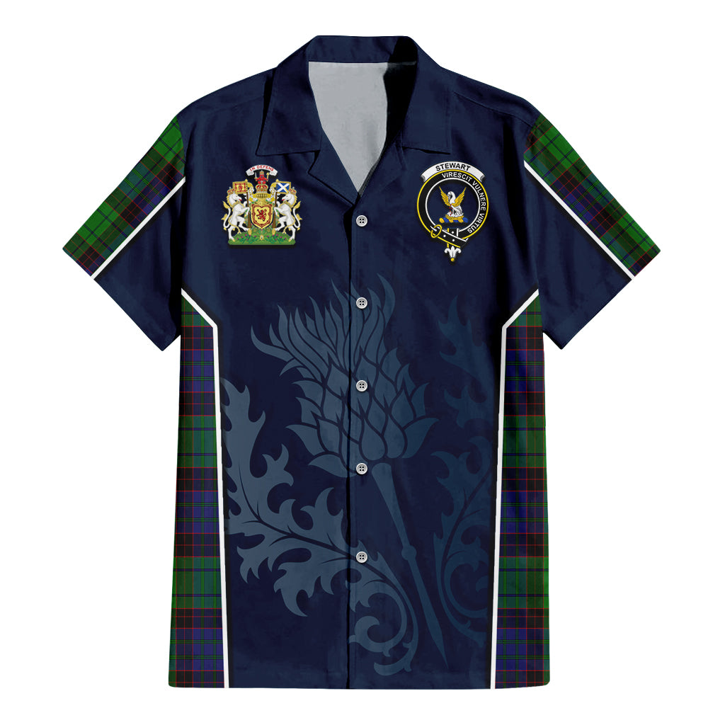 Tartan Vibes Clothing Stewart Old Modern Tartan Short Sleeve Button Up Shirt with Family Crest and Scottish Thistle Vibes Sport Style