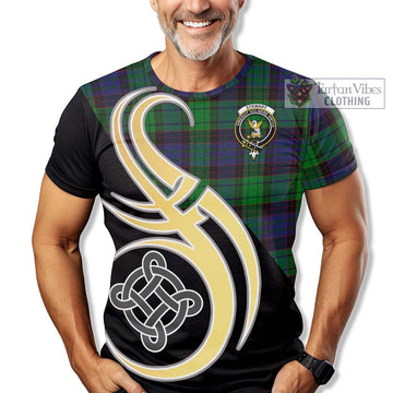 Stewart Old Modern Tartan T-Shirt with Family Crest and Celtic Symbol Style