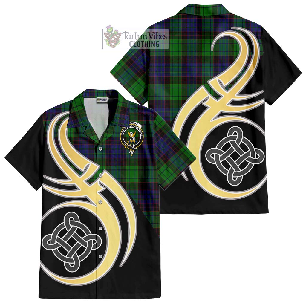 Stewart Old Modern Tartan Short Sleeve Button Shirt with Family Crest and Celtic Symbol Style - Tartan Vibes Clothing