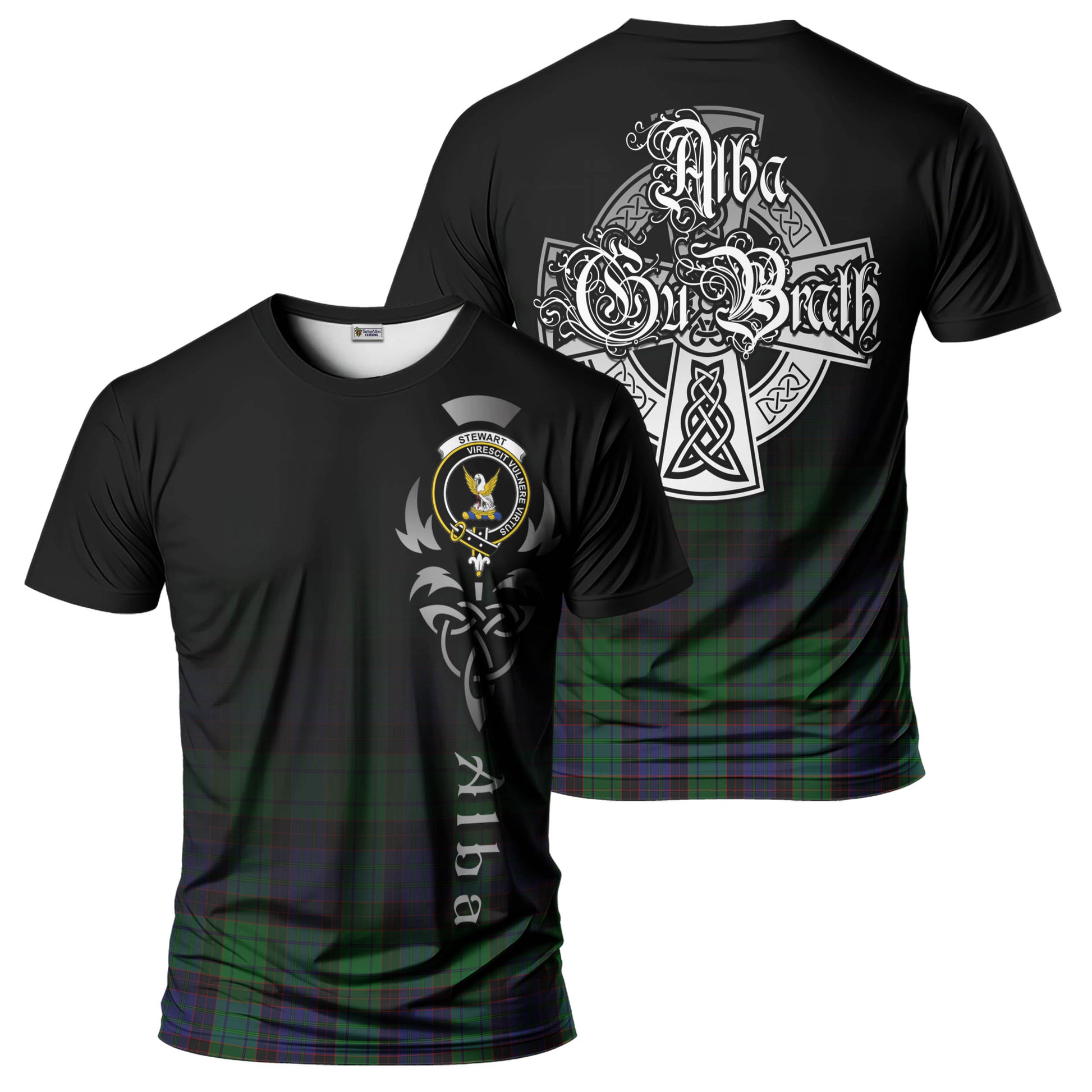 Tartan Vibes Clothing Stewart Old Modern Tartan T-Shirt Featuring Alba Gu Brath Family Crest Celtic Inspired