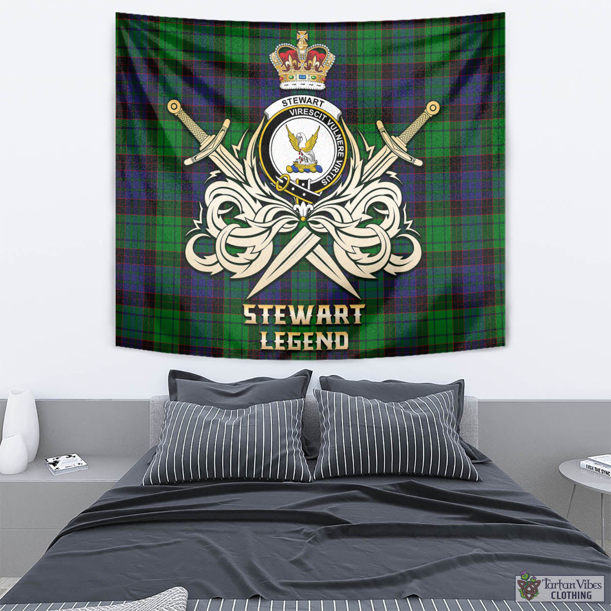 Tartan Vibes Clothing Stewart Old Modern Tartan Tapestry with Clan Crest and the Golden Sword of Courageous Legacy