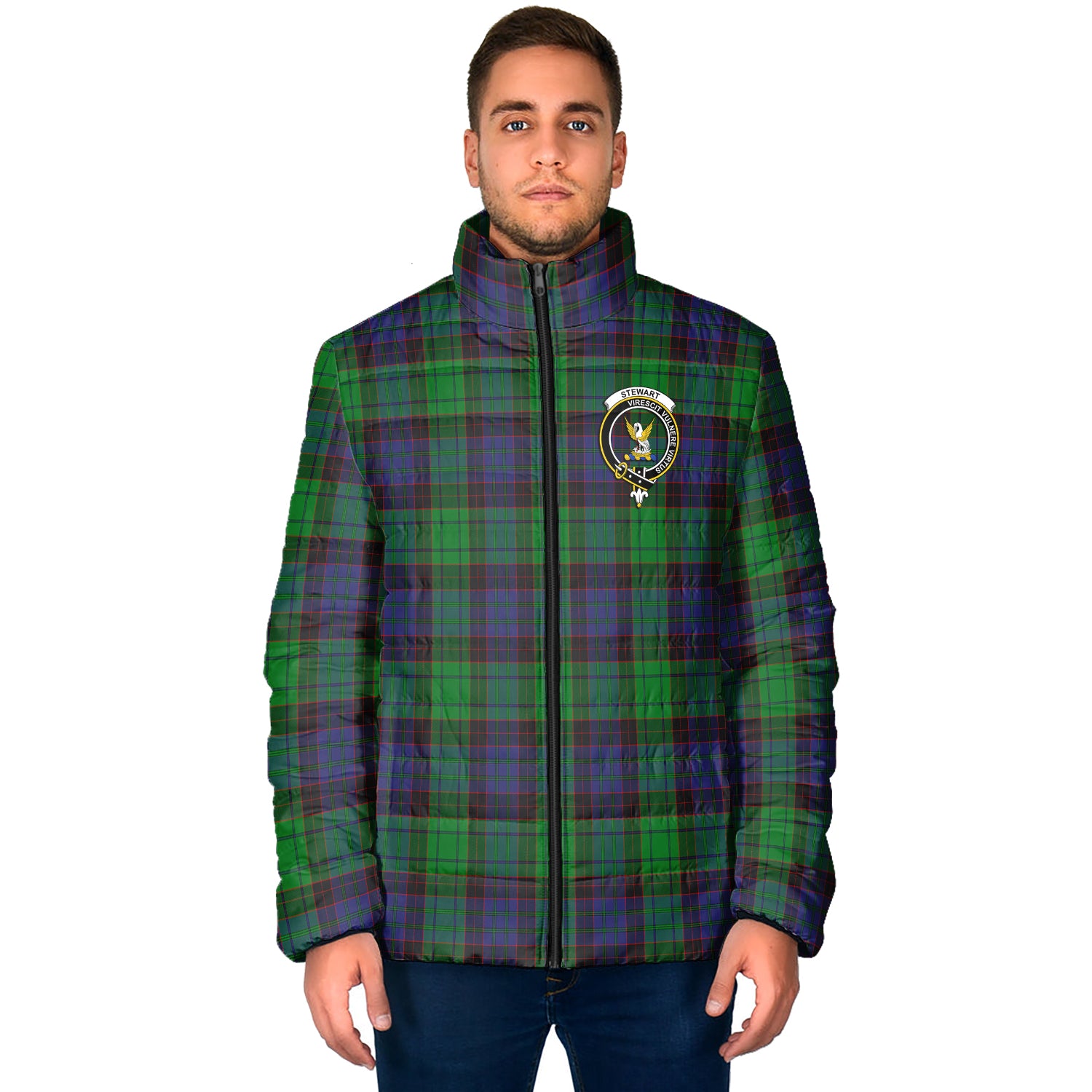 Stewart Old Modern Tartan Padded Jacket with Family Crest - Tartan Vibes Clothing