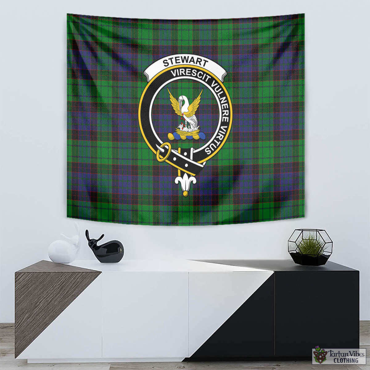 Tartan Vibes Clothing Stewart Old Modern Tartan Tapestry Wall Hanging and Home Decor for Room with Family Crest