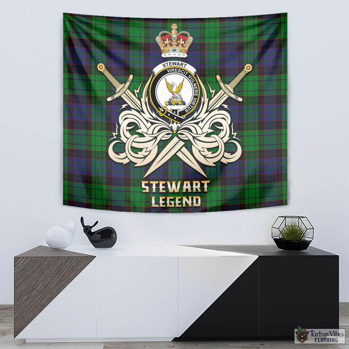 Tartan Vibes Clothing Stewart Old Modern Tartan Tapestry with Clan Crest and the Golden Sword of Courageous Legacy