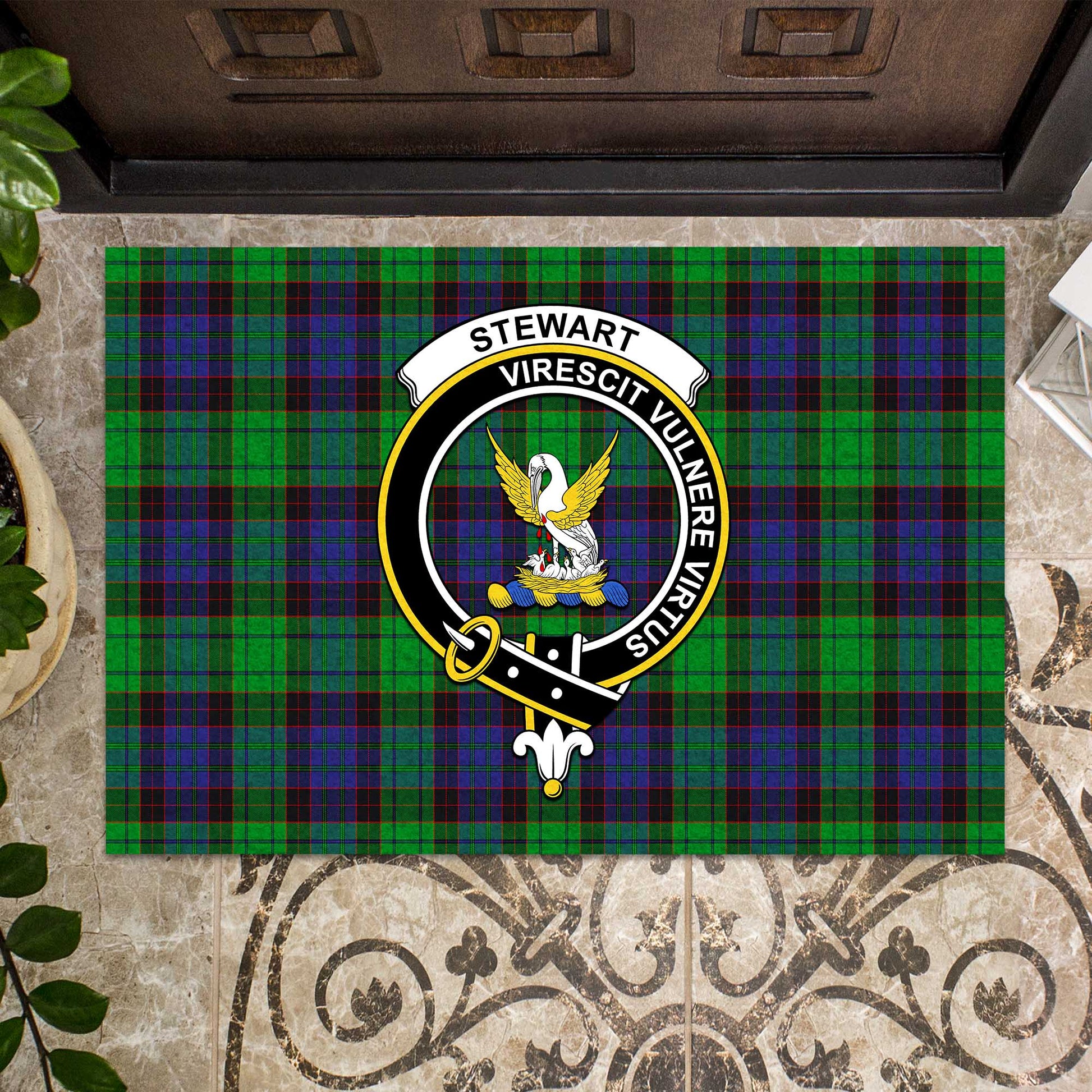 Stewart Old Modern Tartan Door Mat with Family Crest - Tartanvibesclothing Shop