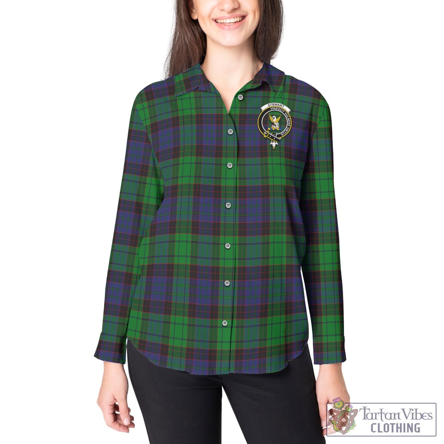 Tartan Vibes Clothing Stewart Old Modern Tartan Womens Casual Shirt with Family Crest