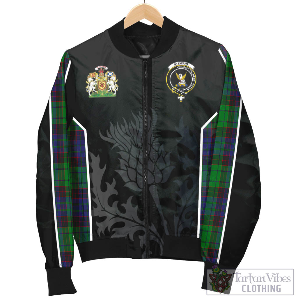 Tartan Vibes Clothing Stewart Old Modern Tartan Bomber Jacket with Family Crest and Scottish Thistle Vibes Sport Style