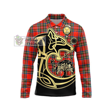 Stewart (Stuart) Tartan Long Sleeve Polo Shirt with Family Crest Celtic Wolf Style