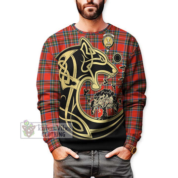 Stewart (Stuart) Tartan Sweatshirt with Family Crest Celtic Wolf Style