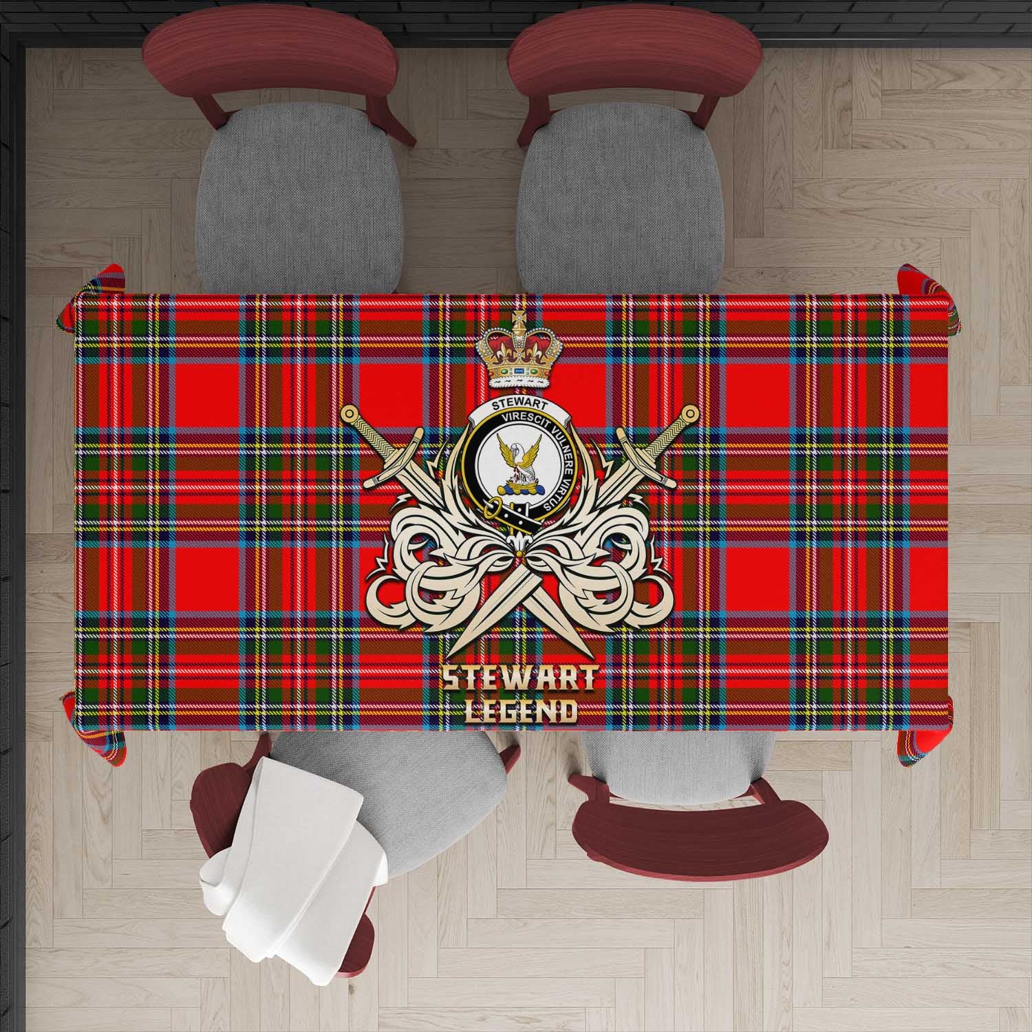 Tartan Vibes Clothing Stewart Royal Tartan Tablecloth with Clan Crest and the Golden Sword of Courageous Legacy