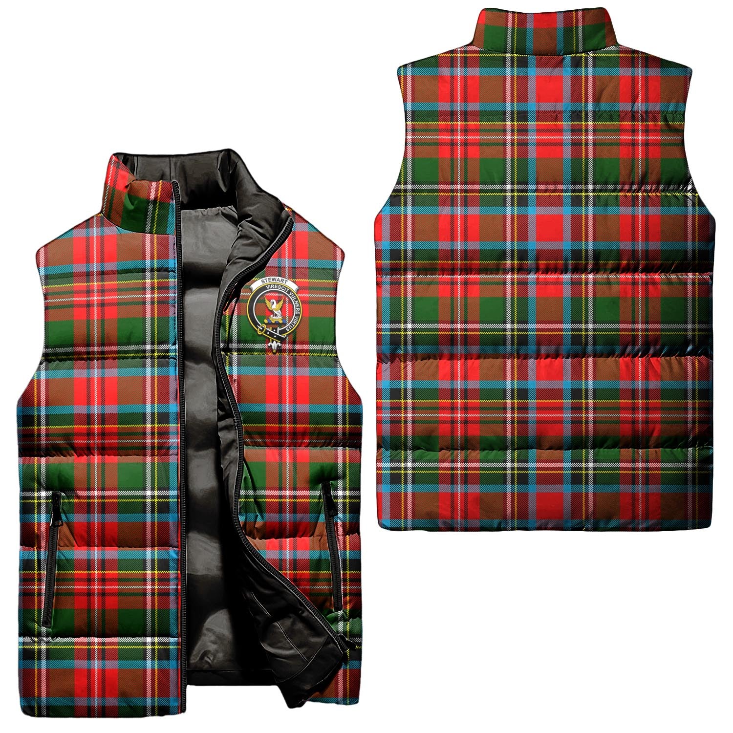 Stewart Royal Tartan Sleeveless Puffer Jacket with Family Crest Unisex - Tartanvibesclothing