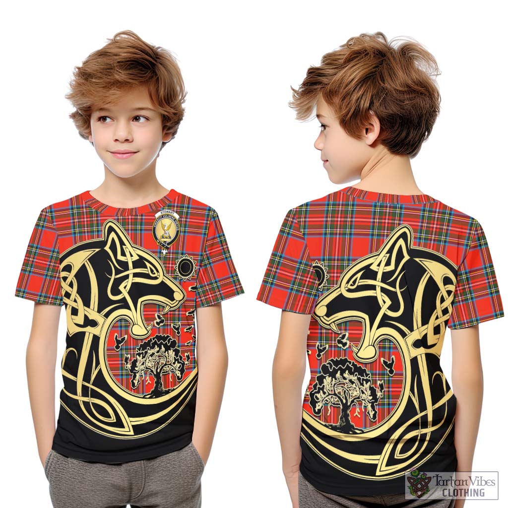 Stewart (Stuart) Tartan Kid T-Shirt with Family Crest Celtic Wolf Style Youth XL Size14 - Tartan Vibes Clothing