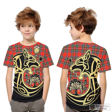 Stewart (Stuart) Tartan Kid T-Shirt with Family Crest Celtic Wolf Style