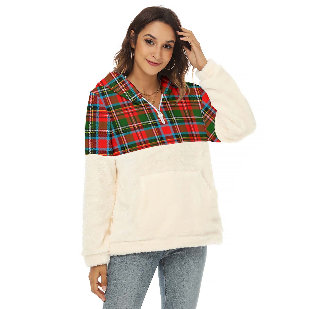 Stewart (Stuart) Tartan Women's Borg Fleece Hoodie With Half Zip Female - Tartan Vibes Clothing