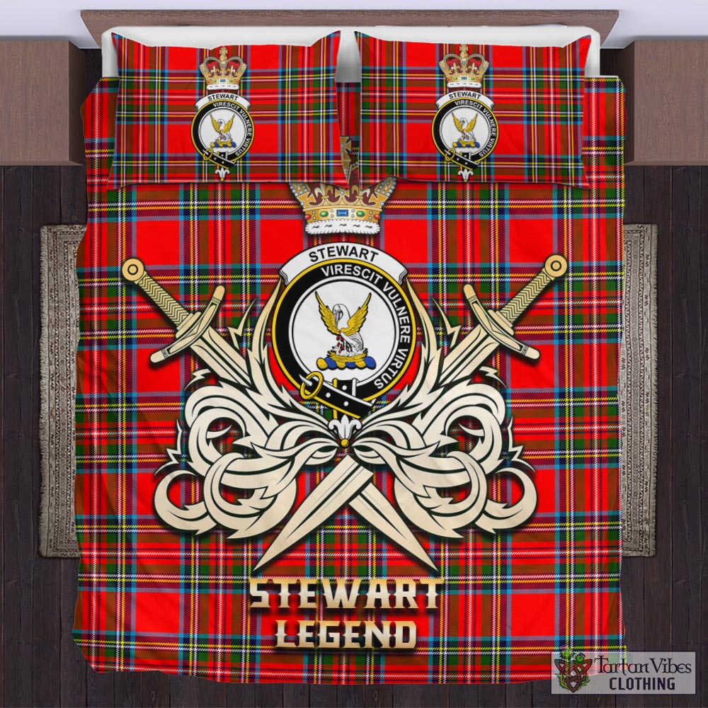 Tartan Vibes Clothing Stewart Royal Tartan Bedding Set with Clan Crest and the Golden Sword of Courageous Legacy