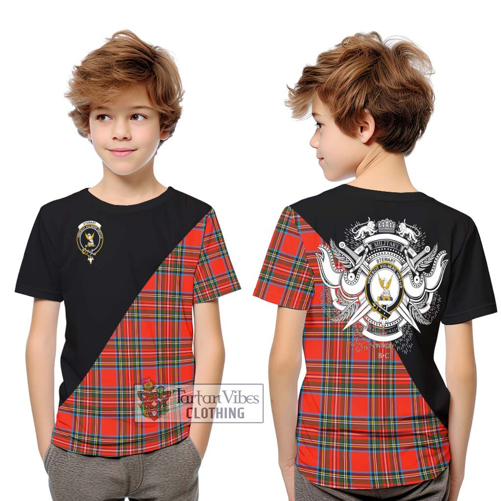 Stewart (Stuart) Tartan Kid T-Shirt with Family Crest and Military Logo Style Youth XL Size14 - Tartanvibesclothing Shop