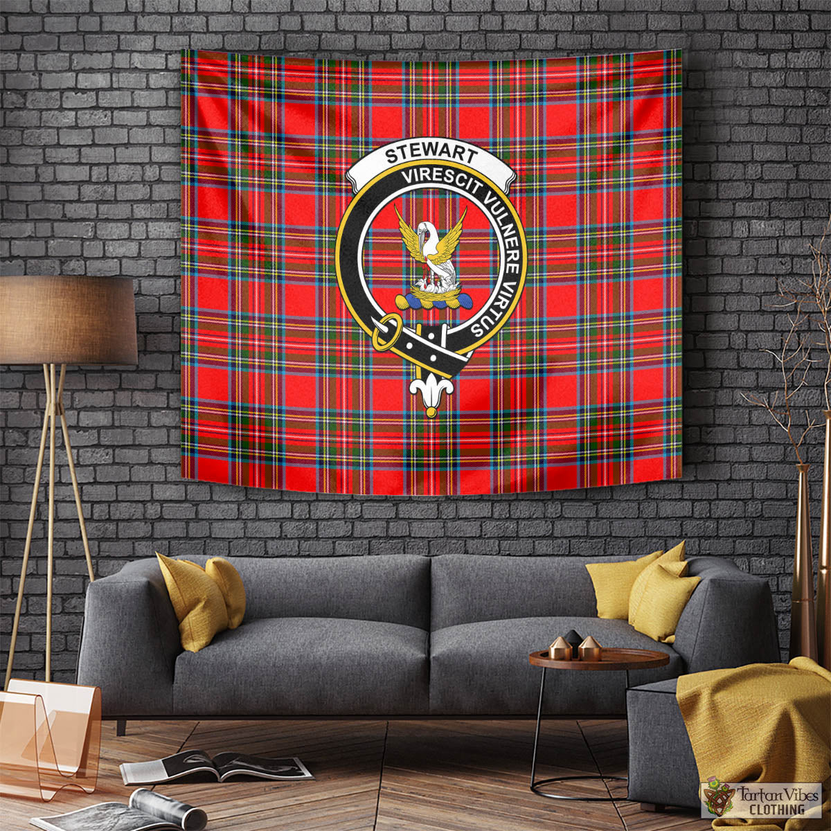 Tartan Vibes Clothing Stewart Royal Tartan Tapestry Wall Hanging and Home Decor for Room with Family Crest