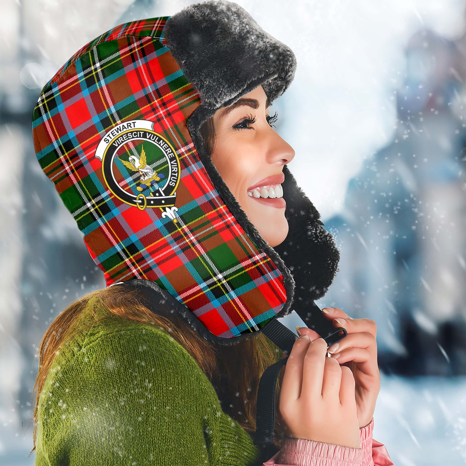 Stewart Royal Tartan Winter Trapper Hat with Family Crest Winter Trapper Hat Universal Fit Circumference 22.8in (58cm) - Tartanvibesclothing