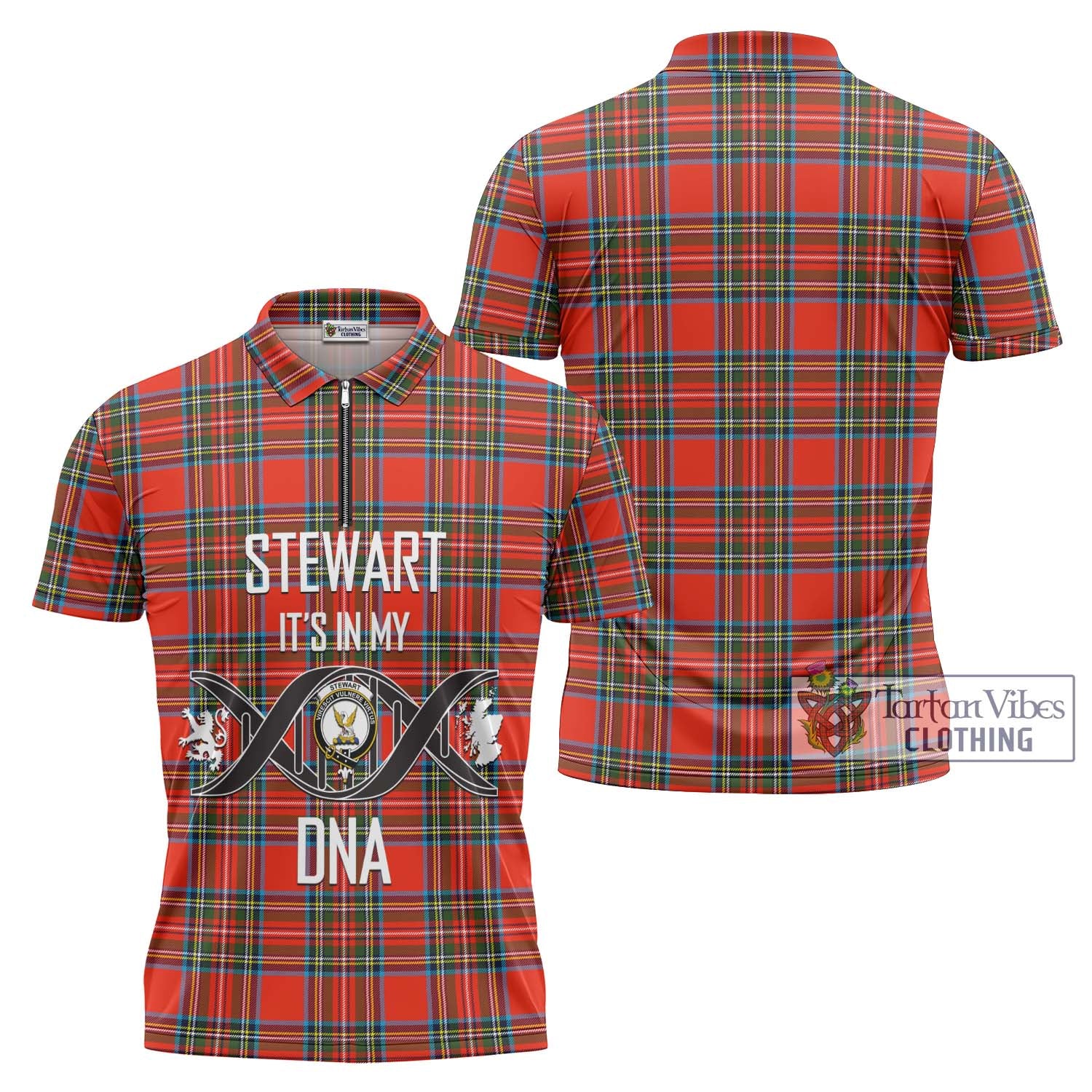 Stewart (Stuart) Tartan Zipper Polo Shirt with Family Crest DNA In Me Style Unisex - Tartanvibesclothing Shop