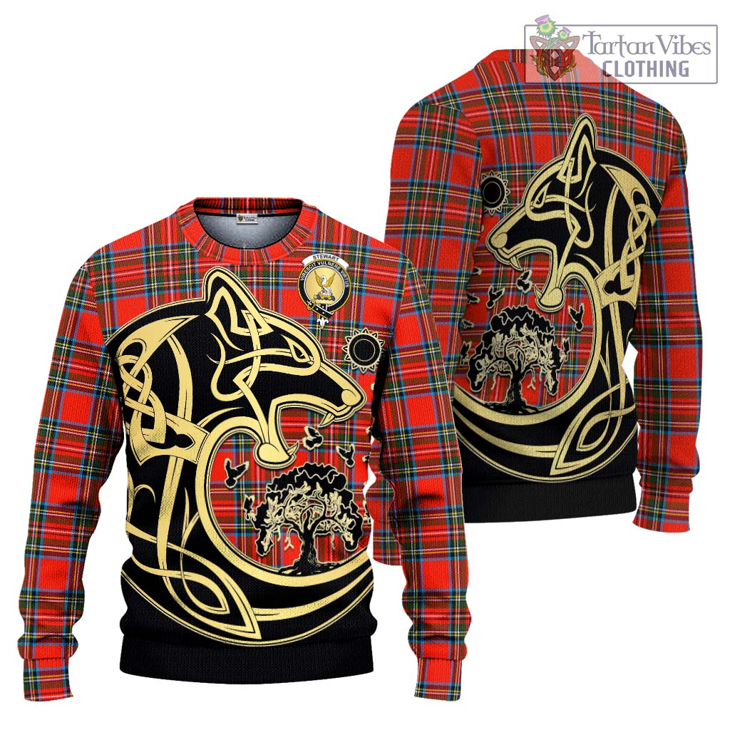 Stewart (Stuart) Tartan Knitted Sweater with Family Crest Celtic Wolf Style Unisex - Tartan Vibes Clothing