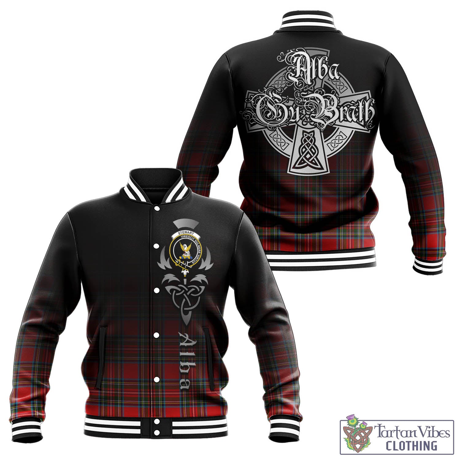 Tartan Vibes Clothing Stewart Royal Tartan Baseball Jacket Featuring Alba Gu Brath Family Crest Celtic Inspired