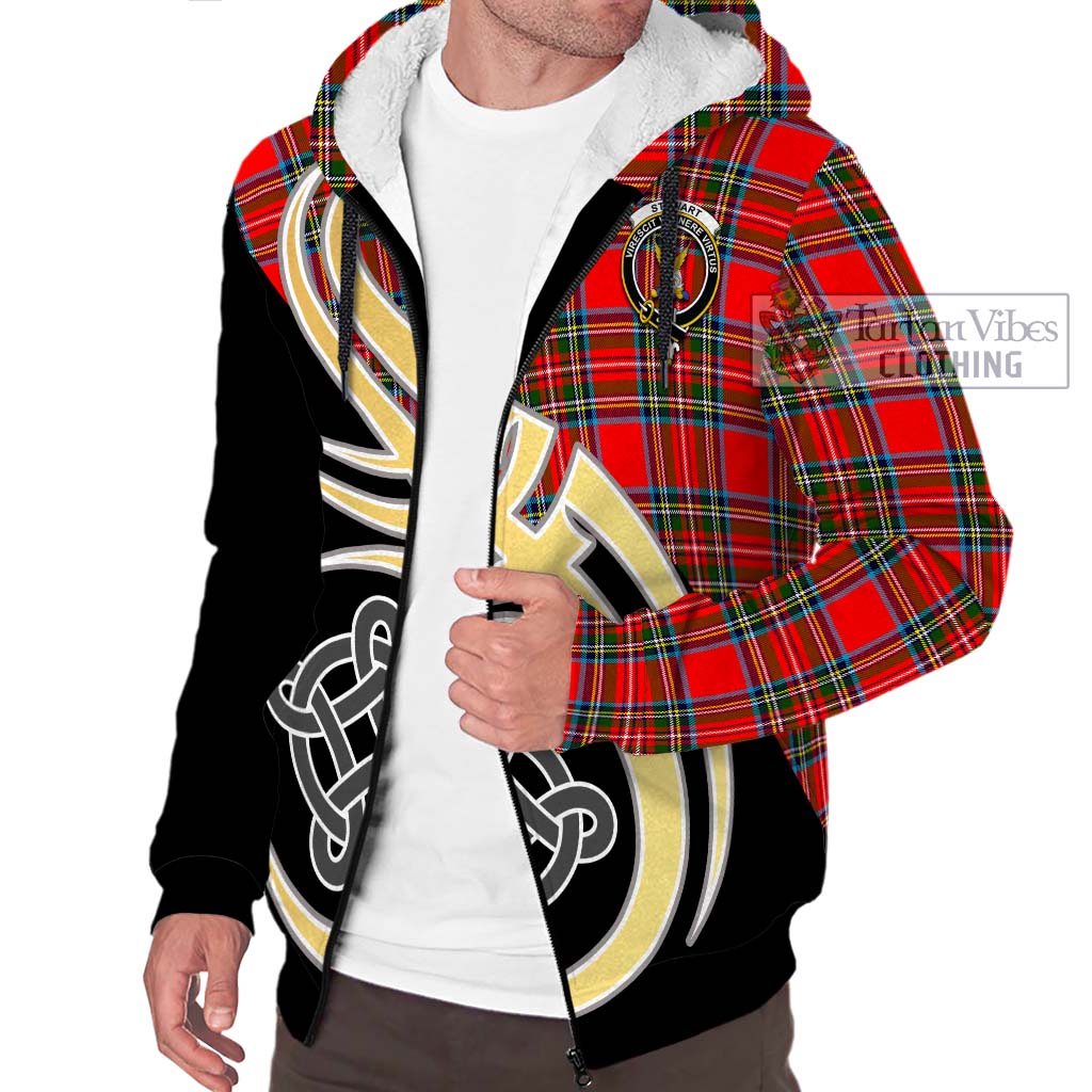 Stewart (Stuart) Tartan Sherpa Hoodie with Family Crest and Celtic Symbol Style - Tartan Vibes Clothing