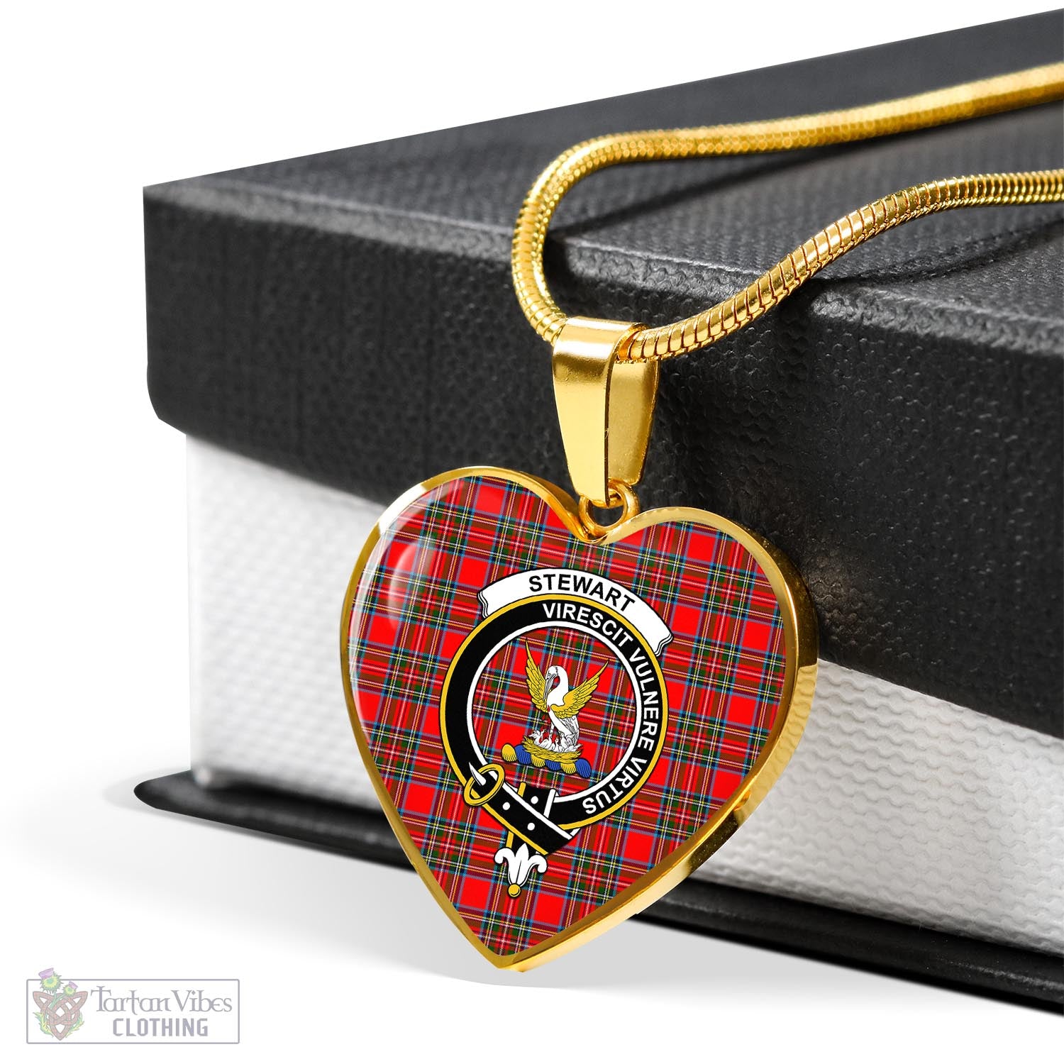 Stewart (Stuart) Tartan Heart Necklace with Family Crest - Tartan Vibes Clothing