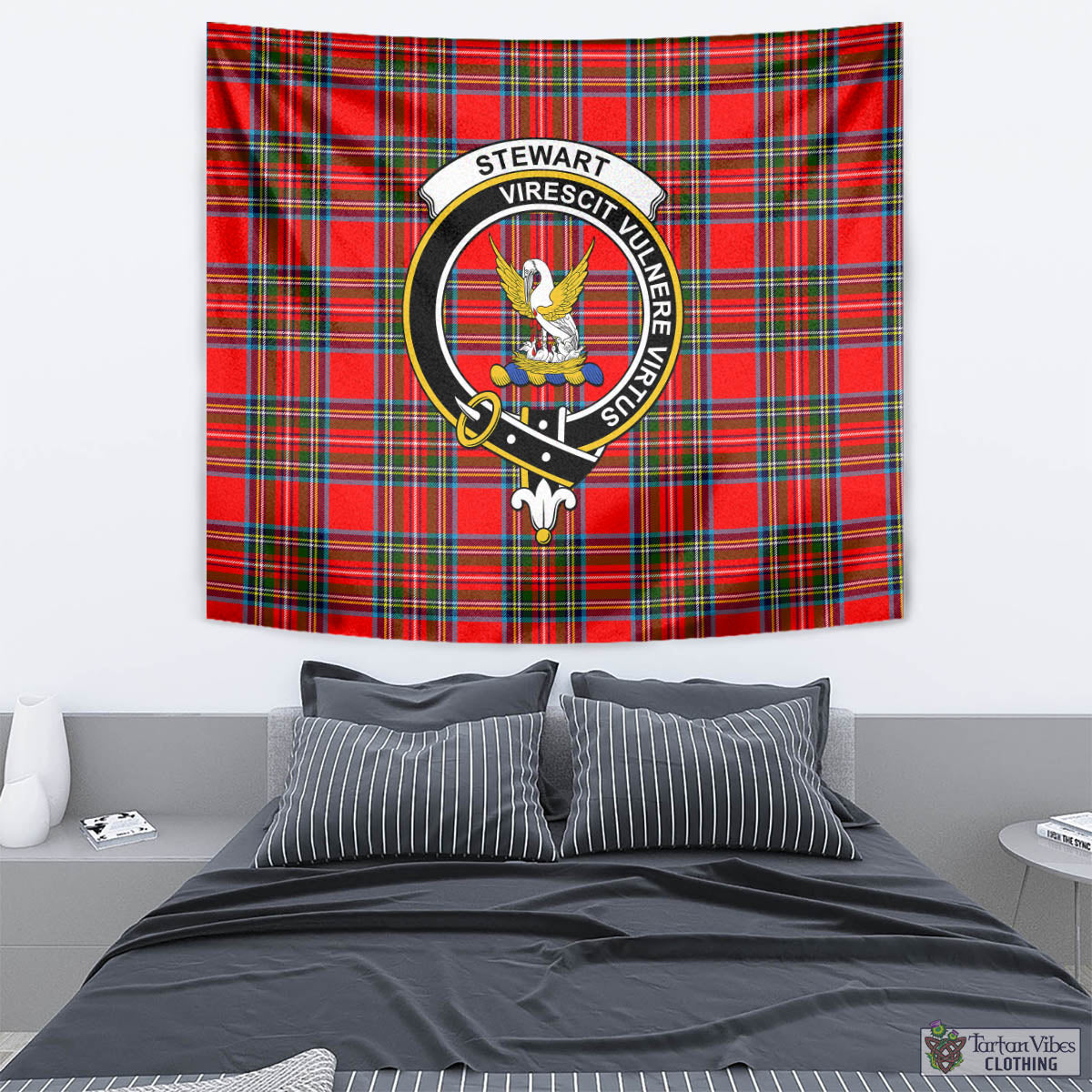 Tartan Vibes Clothing Stewart Royal Tartan Tapestry Wall Hanging and Home Decor for Room with Family Crest