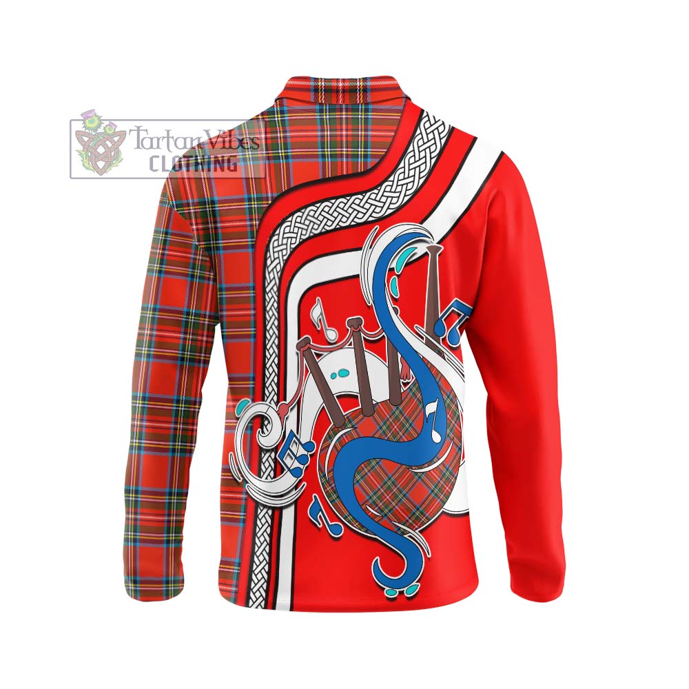 Tartan Vibes Clothing Stewart Royal Tartan Long Sleeve Polo Shirt with Epic Bagpipe Style