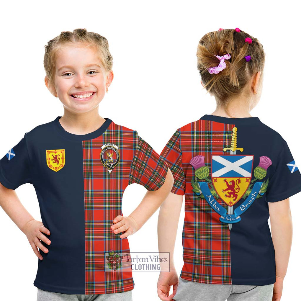 Tartan Vibes Clothing Stewart Royal Tartan Kid T-Shirt with Scottish Lion Royal Arm Half Style