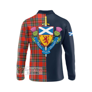 Stewart (Stuart) Tartan Long Sleeve Polo Shirt Alba with Scottish Lion Royal Arm Half Style